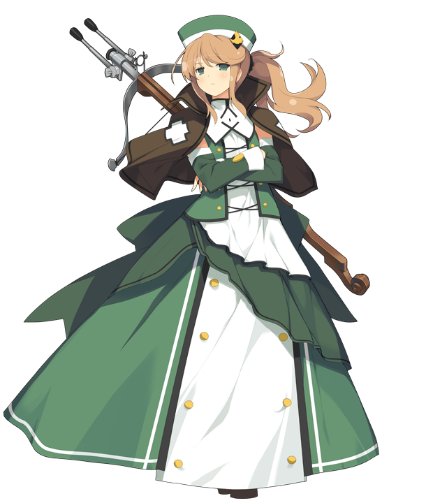 1girl bow_(weapon) brown_hair capelet crossbow crossed_arms detached_sleeves dress evenicle full_body green_dress green_eyes hat kathryn_lapucelle long_dress long_hair looking_at_viewer official_art ponytail solo tachi-e weapon