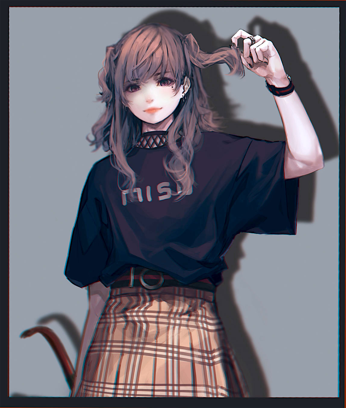 1girl arm_behind_back bangs belt black_shirt brown_eyes brown_hair burberry crowbar gucci highres holding holding_hair light_smile looking_at_viewer looking_down medium_hair original plaid plaid_skirt rakugaki_suruhito shirt skirt watch watch