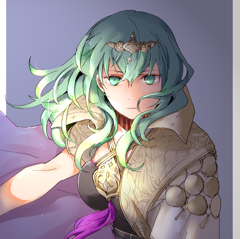 1girl byleth_(fire_emblem) byleth_eisner_(female) closed_mouth fire_emblem fire_emblem:_three_houses green_eyes green_hair medium_hair robaco simple_background solo tiara twitter_username upper_body