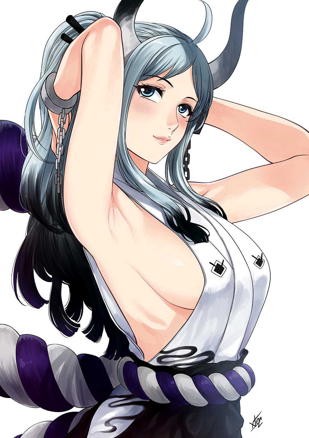 1girl armpits black_hair blue_eyes breasts cuffs gradient_hair hair_ornament hair_stick highres horns japanese_clothes long_hair multicolored_hair one_piece shackles silver_hair solo xtermination yamato_(one_piece)