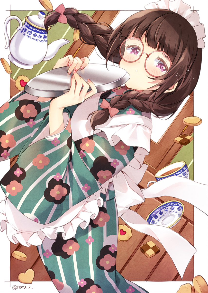 1girl :o apron aqua_kimono bangs black_hair blush bow braid checkerboard_cookie commentary_request cookie cup floral_print food frilled_apron frills hair_bow hazuki_natsu highres holding holding_tray japanese_clothes kimono long_hair looking_at_viewer maid maid_headdress original pink_bow pink_nails porcelain round_eyewear saucer sidelocks solo striped striped_kimono teacup teapot tray twin_braids twitter_username violet_eyes white_apron wide_sleeves