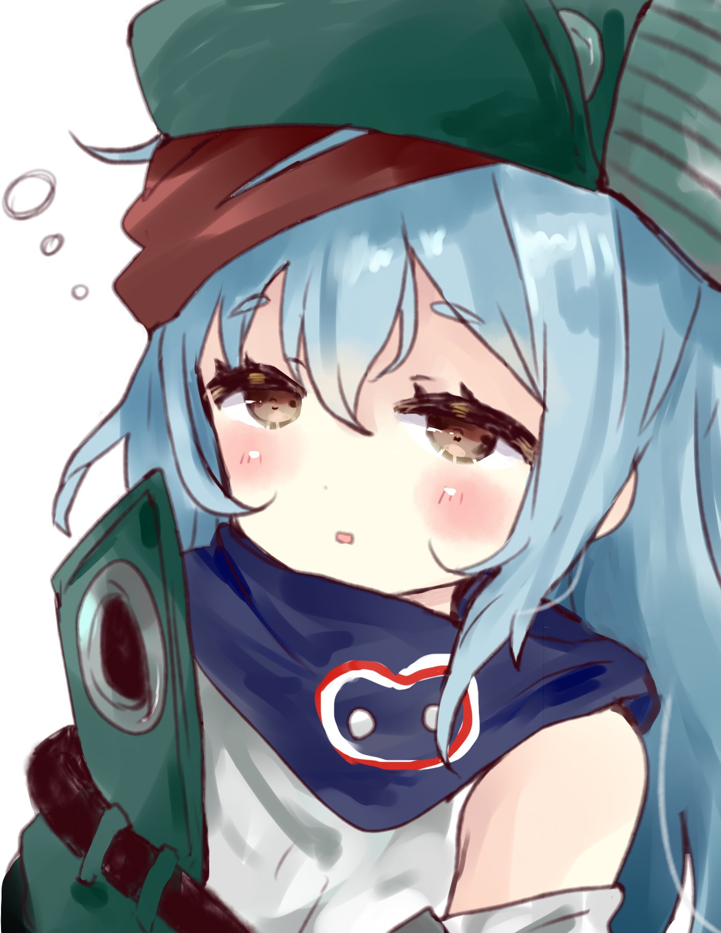 1girl bangs bare_shoulders blue_hair blush brown_eyes eyebrows_visible_through_hair flat_cap g11_(girls_frontline) girls_frontline green_headwear green_jacket hair_between_eyes half-closed_eyes hat highres jacket long_hair parted_lips short_eyebrows simple_background solo tank_top tsukiyo_(skymint) upper_body white_background white_tank_top