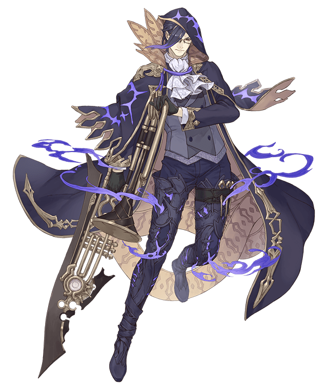 1boy bicorne black_gloves black_hair boots cloak cravat formal full_body glasses gloves gold_trim gradient_hair hair_over_one_eye hameln_(sinoalice) hat holding holding_instrument holding_sword holding_weapon instrument ji_no looking_at_viewer multicolored_hair official_art purple_hair red_eyes sinoalice solo suit sword thigh-highs thigh_boots transparent_background trombone two-tone_hair weapon