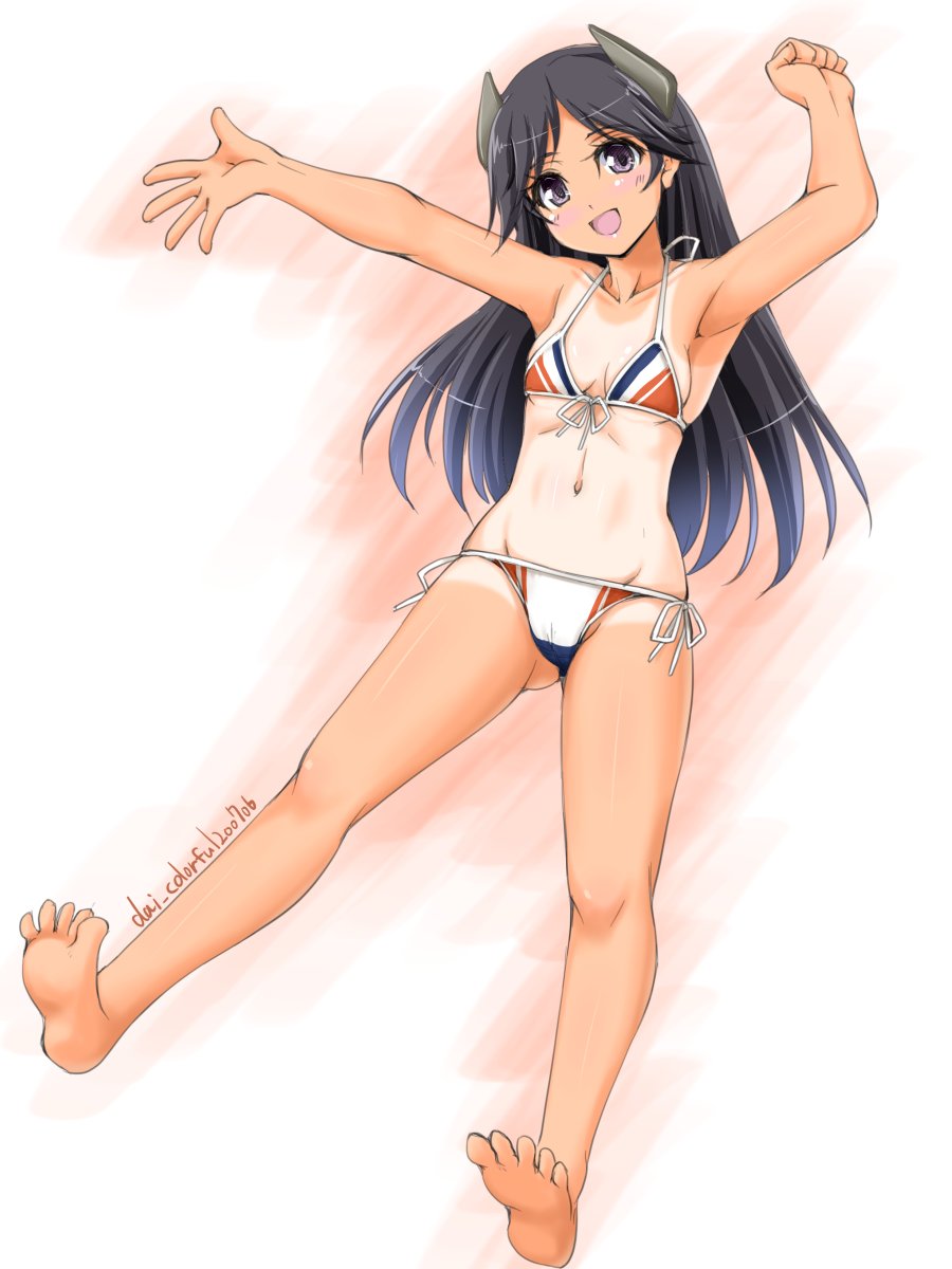 1girl adapted_costume akimoto_dai barefoot bikini black_eyes black_hair breasts commentary_request dated front-tie_top full_body highres i-400_(kantai_collection) kantai_collection long_hair looking_at_viewer multicolored multicolored_bikini multicolored_clothes one-piece_tan side-tie_bikini small_breasts solo swimsuit tan tanline twitter_username white_background white_bikini