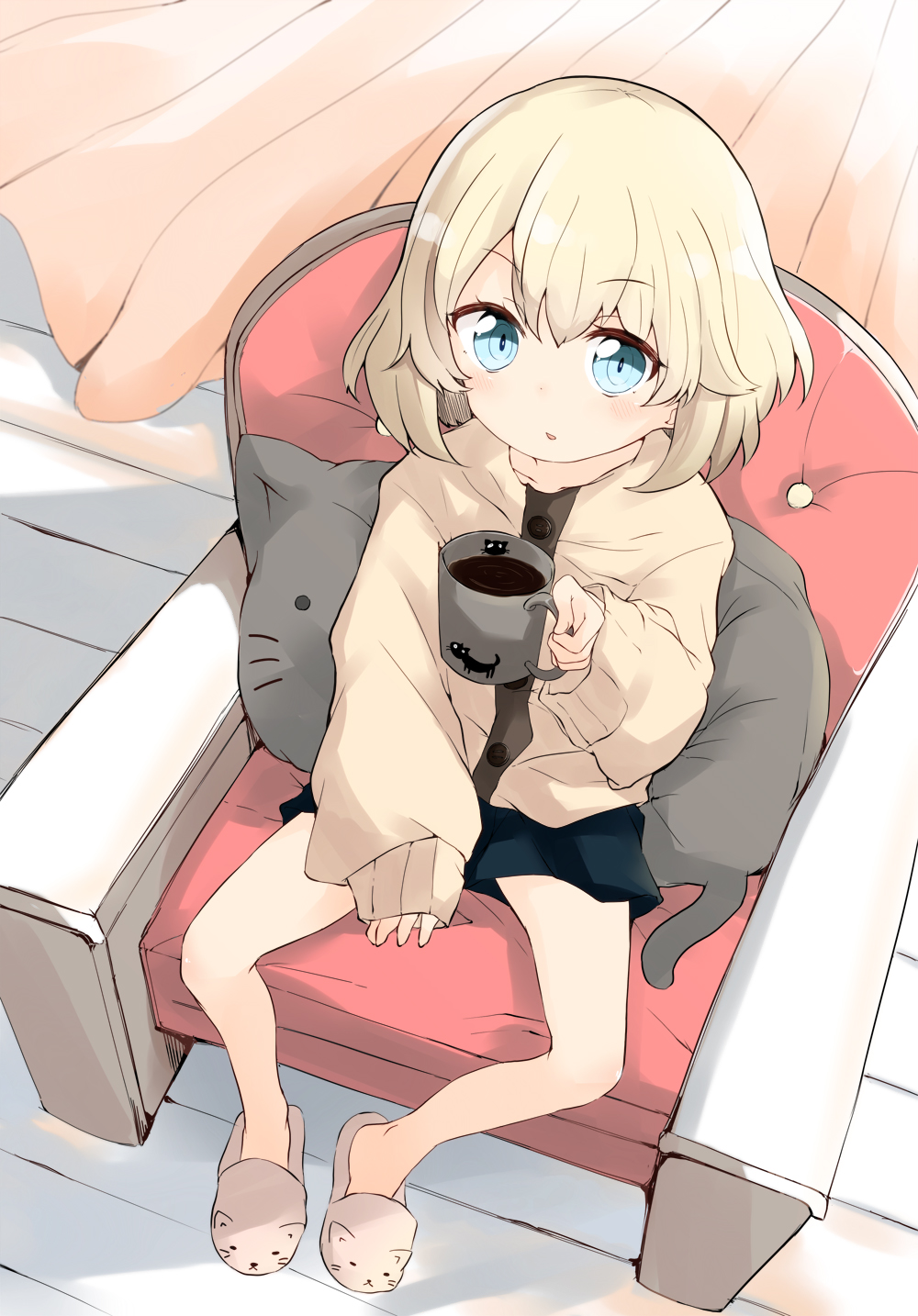 1girl :o armchair bangs barashiya black_shirt black_shorts blonde_hair blue_eyes casual cat_pillow cat_slippers chair coffee coffee_mug commentary cup eyebrows_visible_through_hair girls_und_panzer highres holding holding_cup indoors jacket katyusha_(girls_und_panzer) looking_at_viewer mug no_socks parted_lips pillow shirt short_hair short_shorts shorts sleeves_past_wrists slippers solo wooden_floor yellow_jacket