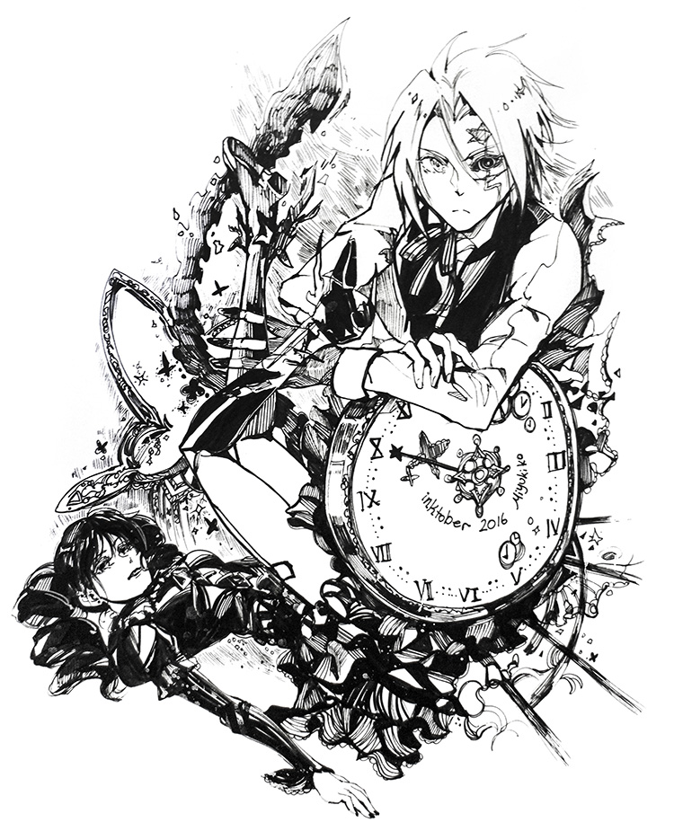 1boy 1girl 2016 allen_walker bangs boots clock d.gray-man facial_mark frown greyscale hair_between_eyes hair_intakes knee_boots lenalee_lee long_hair long_sleeves looking_at_viewer miyukiko monochrome nail_polish neck_ribbon ribbon shirt sketch striped striped_ribbon twintails vest