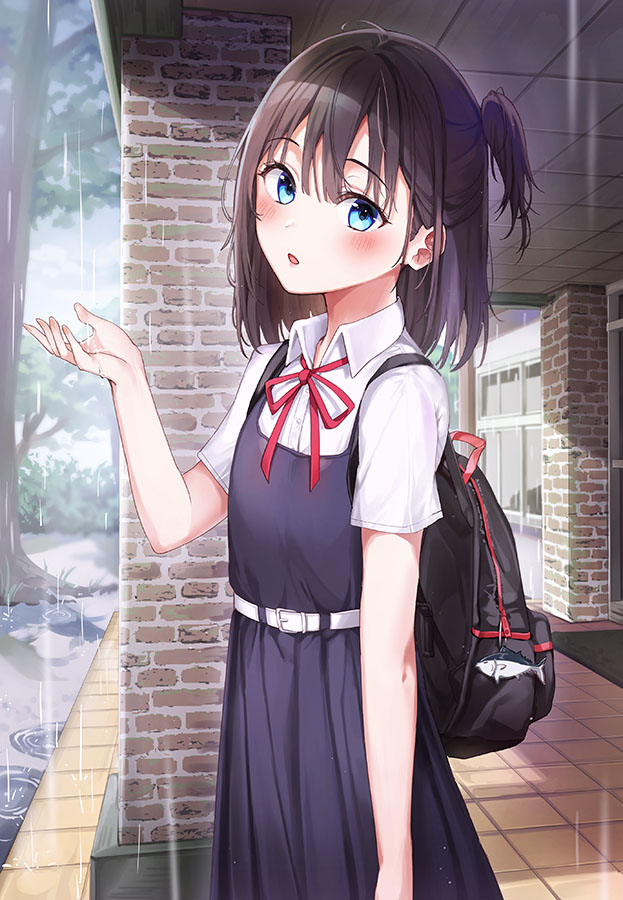 1girl backpack bag bangs belt black_dress blue_eyes blush collared_shirt commentary_request dress eyebrows_visible_through_hair flat_chest looking_at_viewer medium_hair one_side_up open_mouth original outdoors rain rangu red_ribbon ribbon shirt smiel solo white_belt white_shirt