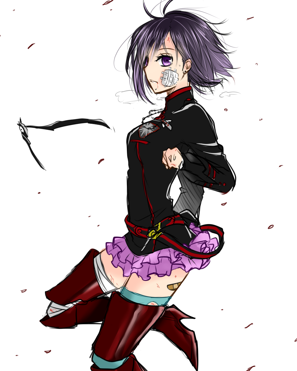 1girl bandaged_leg bandages bandaid bandaid_on_leg black_hair black_jacket black_order_uniform blood blood_from_mouth blue_legwear boots closed_mouth d.gray-man fj81l highres jacket knee_boots layered_skirt lenalee_lee long_sleeves miniskirt pink_skirt pleated_skirt red_footwear shiny shiny_hair simple_background single_thighhigh sketch skirt solo standing standing_on_one_leg sweatdrop thigh-highs uniform violet_eyes white_background