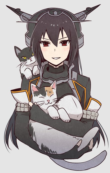 1girl animal bangs cat cropped_torso elbow_gloves gloves grey_background hair_between_eyes headgear holding holding_animal holding_cat kantai_collection kasumi_(skchkko) long_hair nagato_(kantai_collection) partly_fingerless_gloves red_eyes remodel_(kantai_collection) simple_background