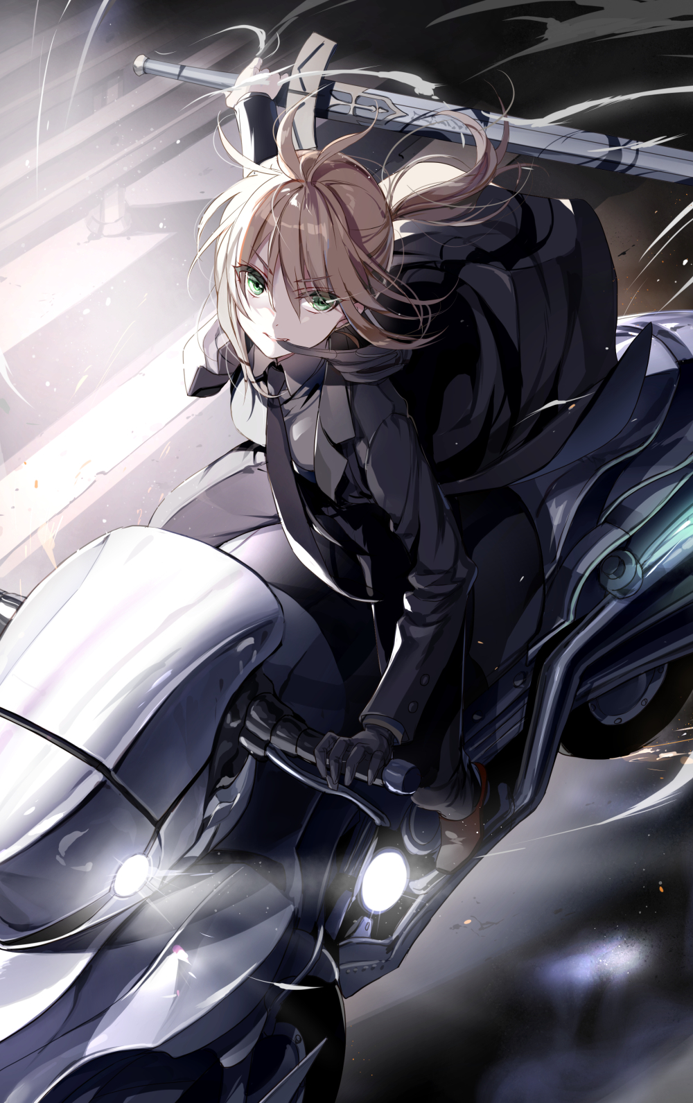 1girl ahoge aqua_eyes artoria_pendragon_(all) bangs black_gloves black_neckwear black_suit blonde_hair collared_shirt excalibur fate/grand_order fate/zero fate_(series) formal gloves grey_shirt ground_vehicle highres hoshii_hisa long_sleeves motor_vehicle motorcycle necktie night ponytail saber shirt sidelocks solo suit tied_hair