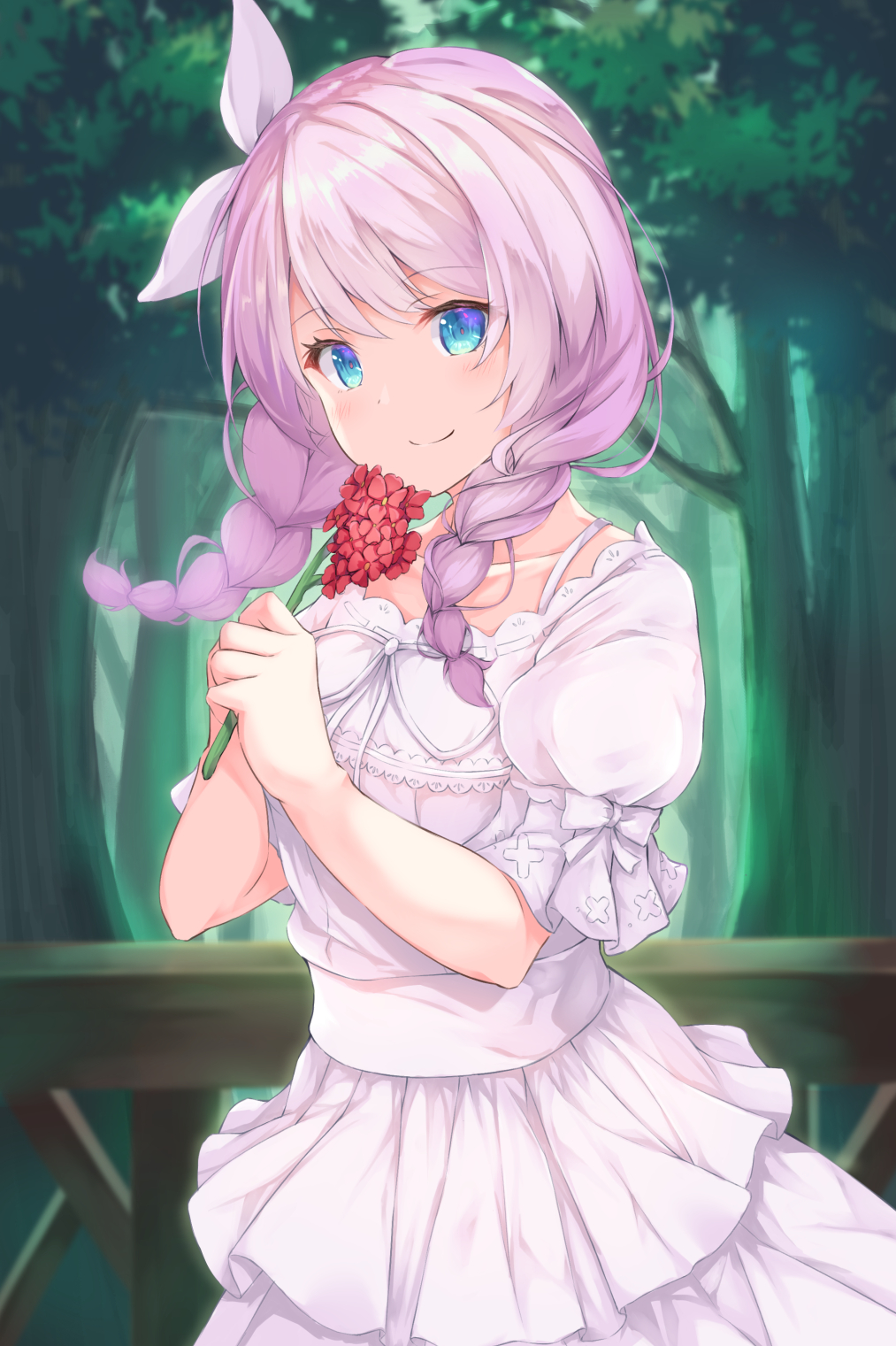 1girl bang_dream! bangs blurry blurry_background braid collarbone commentary_request dress eyebrows_visible_through_hair flower hair_ribbon highres holding holding_flower kurai_masaru long_hair looking_at_viewer outdoors pink_hair pink_ribbon red_flower ribbon short_sleeves smile solo tree twin_braids wakamiya_eve white_dress