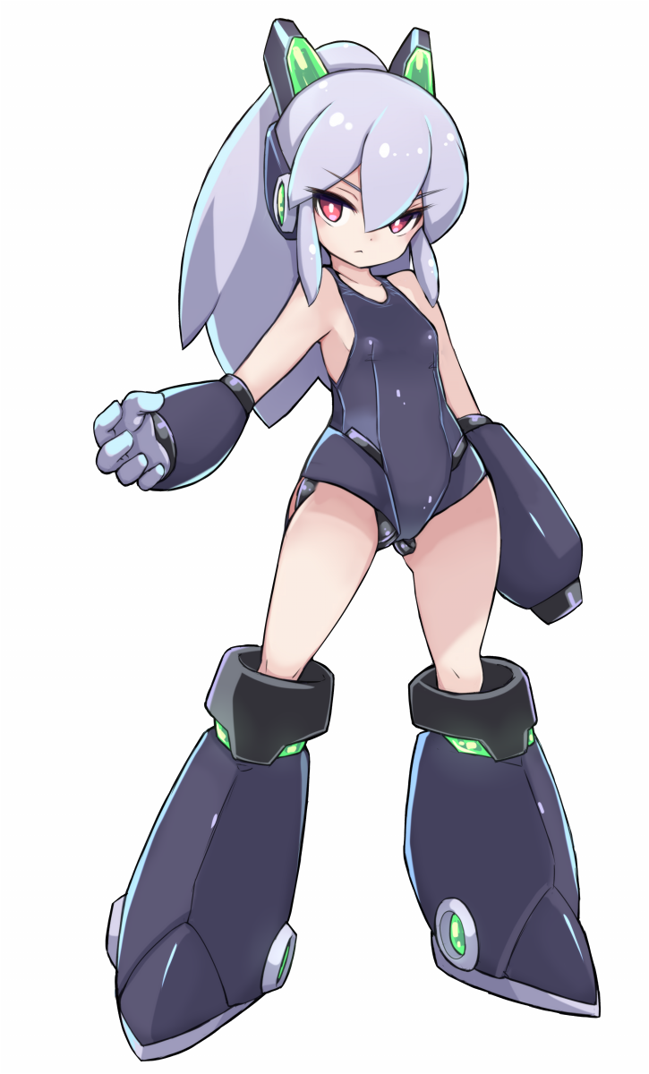 1girl alternate_color arm_cannon bangs black_footwear black_leotard breasts closed_mouth eyebrows_visible_through_hair full_body gloves grey_gloves hair_between_eyes headgear high_ponytail highres karukan_(monjya) leotard long_hair looking_at_viewer ponytail red_eyes rockman rockman_(classic) roll silver_hair simple_background small_breasts solo standing v-shaped_eyebrows very_long_hair weapon white_background