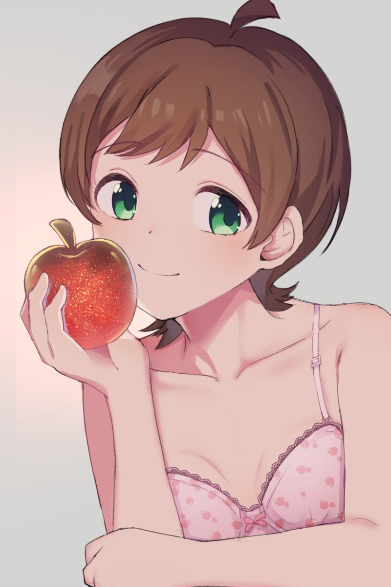 1girl ahoge apple blush bra breasts brown_hair closed_mouth collarbone food fruit green_eyes grey_background highres hiroki_(yyqw7151) holding holding_food holding_fruit idolmaster idolmaster_million_live! kinoshita_hinata looking_at_viewer pink_bra short_hair small_breasts smile solo underwear upper_body