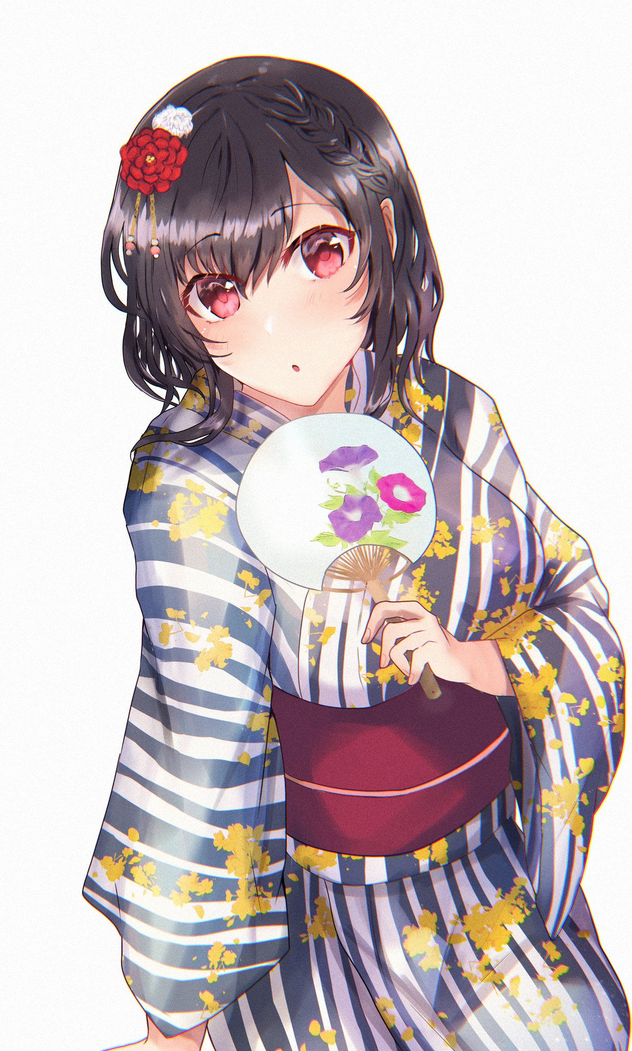 1girl alternate_costume black_hair commentary_request cowboy_shot fan flower hair_flower hair_ornament highres japanese_clothes kantai_collection kimono looking_at_viewer miyako_(00727aomiyako) paper_fan red_eyes short_hair simple_background solo striped striped_kimono uchiwa white_background yamashiro_(kantai_collection) yukata