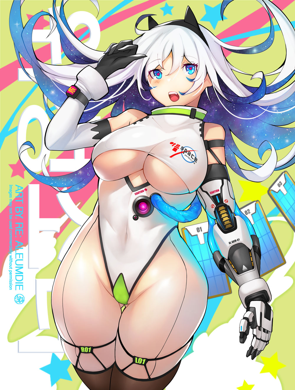 1girl android animal_ears black_gloves blue_eyes bodysuit breasts cat_ears dspell english_commentary fake_animal_ears galaxy gloves grey_hair hairband heart heart-shaped_pupils highres joints leotard looking_down original personification prosthesis prosthetic_arm robot_joints satellite space symbol-shaped_pupils thick_thighs thighs under_boob white_hair wire