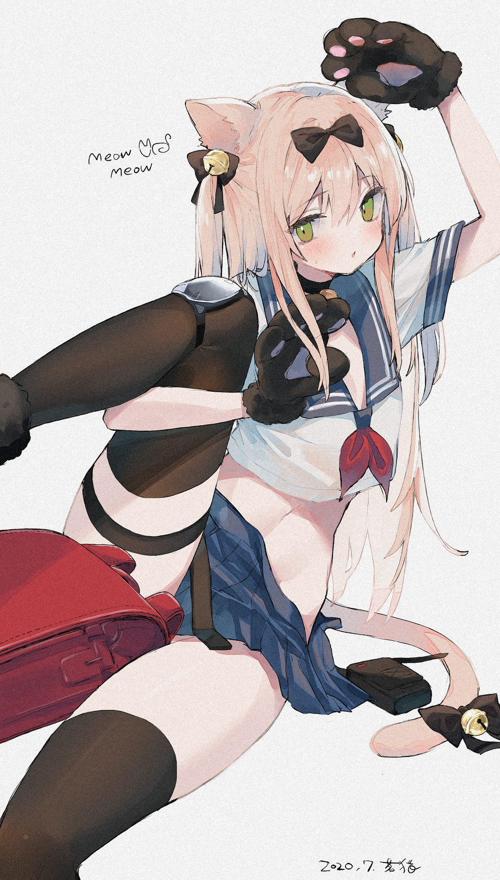 1girl animal_ears arm_up backpack bag bell black_choker black_legwear blue_skirt bow brown_hair cat_ears cat_girl cat_tail choker crop_top crop_top_overhang girls_frontline gloves green_eyes groin hair_bow highres jingle_bell knee_pads leg_hug leg_up long_hair looking_at_viewer midriff mimelond miniskirt navel neckerchief parted_lips paw_gloves paws pleated_skirt randoseru sailor_collar school_uniform serafuku shirt short_sleeves sitting skirt solo stomach tail tail_bow thigh-highs thigh_strap thighs tmp_(girls_frontline) two_side_up white_shirt