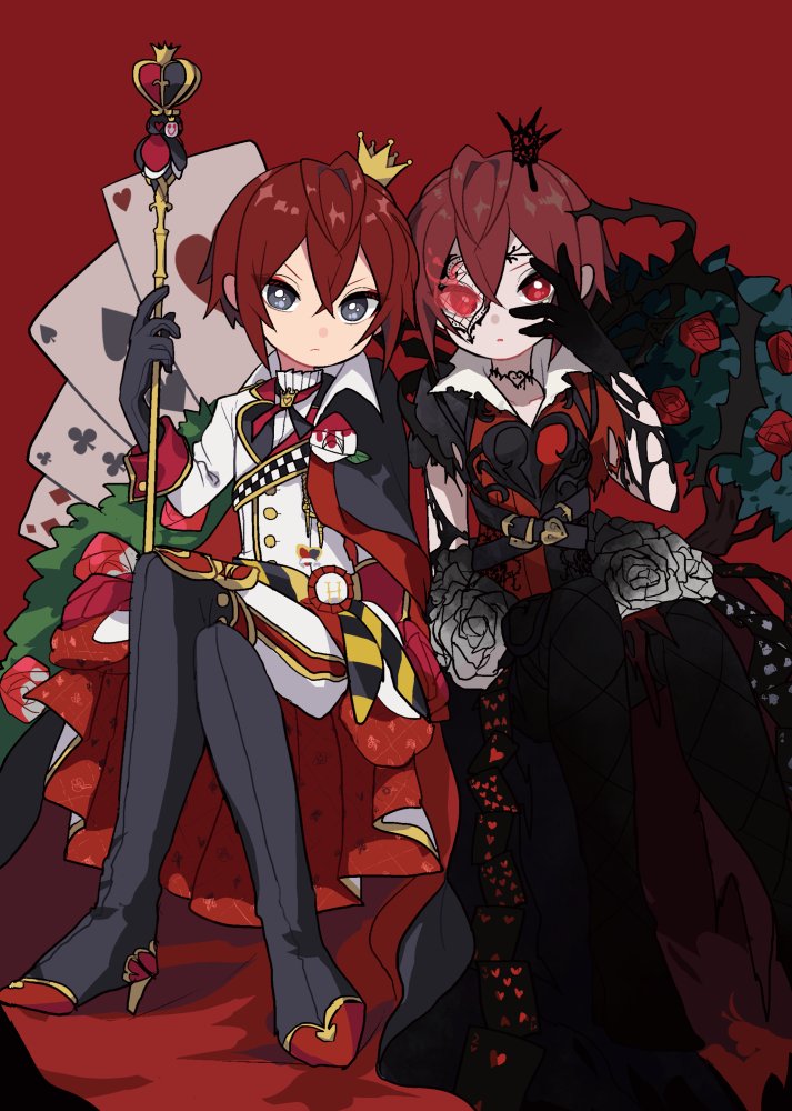 1boy bangs black_gloves blue_eyes crossed_legs crown flower gloves hair_between_eyes heart jacket jewelry long_sleeves looking_at_viewer male_focus mini_crown overblot redhead riddle_rosehearts rose shirt solo staff striped thorns twisted_wonderland yuino_tw