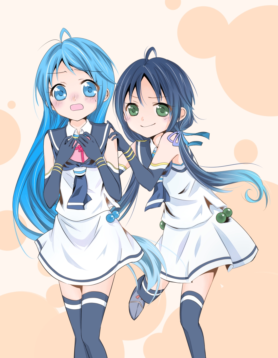 2girls aoi_mimi bangs blue_eyes blue_hair blue_legwear blue_ribbon blue_sailor_collar blush box commentary_request elbow_gloves eyebrows_visible_through_hair gloves gradient_hair green_eyes hair_ribbon heart-shaped_box highres kantai_collection long_hair looking_at_viewer low_twintails multicolored_hair multiple_girls open_mouth ribbon sailor_collar samidare_(kantai_collection) shirt skirt smile suzukaze_(kantai_collection) thigh-highs twintails two-tone_background valentine very_long_hair white_shirt white_skirt zettai_ryouiki