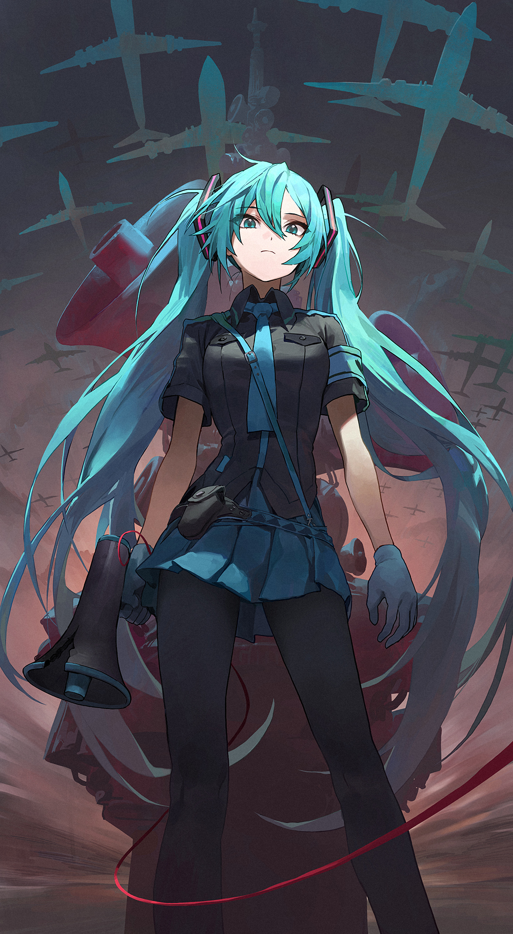 1girl aircraft airplane alternate_costume aqua_eyes aqua_hair aqua_skirt armband b-52_stratofortress between_breasts black_legwear black_shirt breasts broken cable collared_shirt commentary_request contrapposto from_above frown gloves hair_ornament hatsune_miku high-waist_skirt highres koi_wa_sensou_(vocaloid) long_hair looking_at_viewer megaphone mossi pantyhose pleated_skirt shirt short_sleeves silhouette skirt solo strap_between_breasts twintails very_long_hair vocaloid