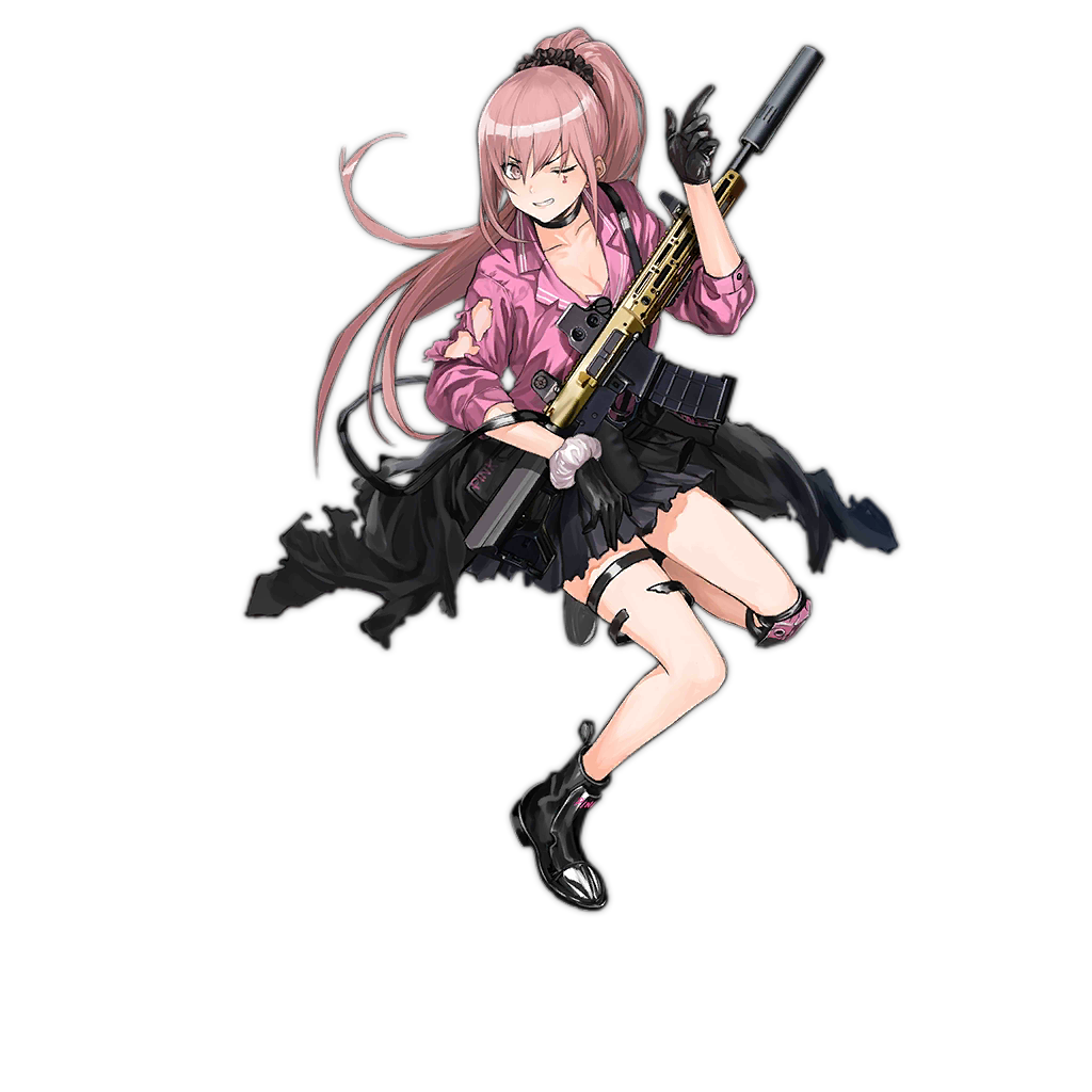1girl assault_rifle bangs black_choker black_footwear black_gloves black_jacket black_scrunchie boots breasts character_name choker clothes_around_waist collarbone damaged earrings facial_mark full_body girls_frontline gloves grey_skirt grin gun hair_between_eyes hair_ornament hand_up holding holding_gun holding_weapon index_finger_raised infukun jacket jacket_around_waist jewelry logo long_hair looking_at_viewer medium_breasts multiple_piercings musical_note official_art one_eye_closed pink_eyes pink_hair pleated_skirt ponytail purple_shirt r5_(girls_frontline) remington_arms remington_r5_rgp rifle scope scrunchie shirt sidelocks single_knee_pad skirt smile solo stud_earrings suspenders thigh_strap torn_clothes transparent_background weapon white_scrunchie wrist_scrunchie