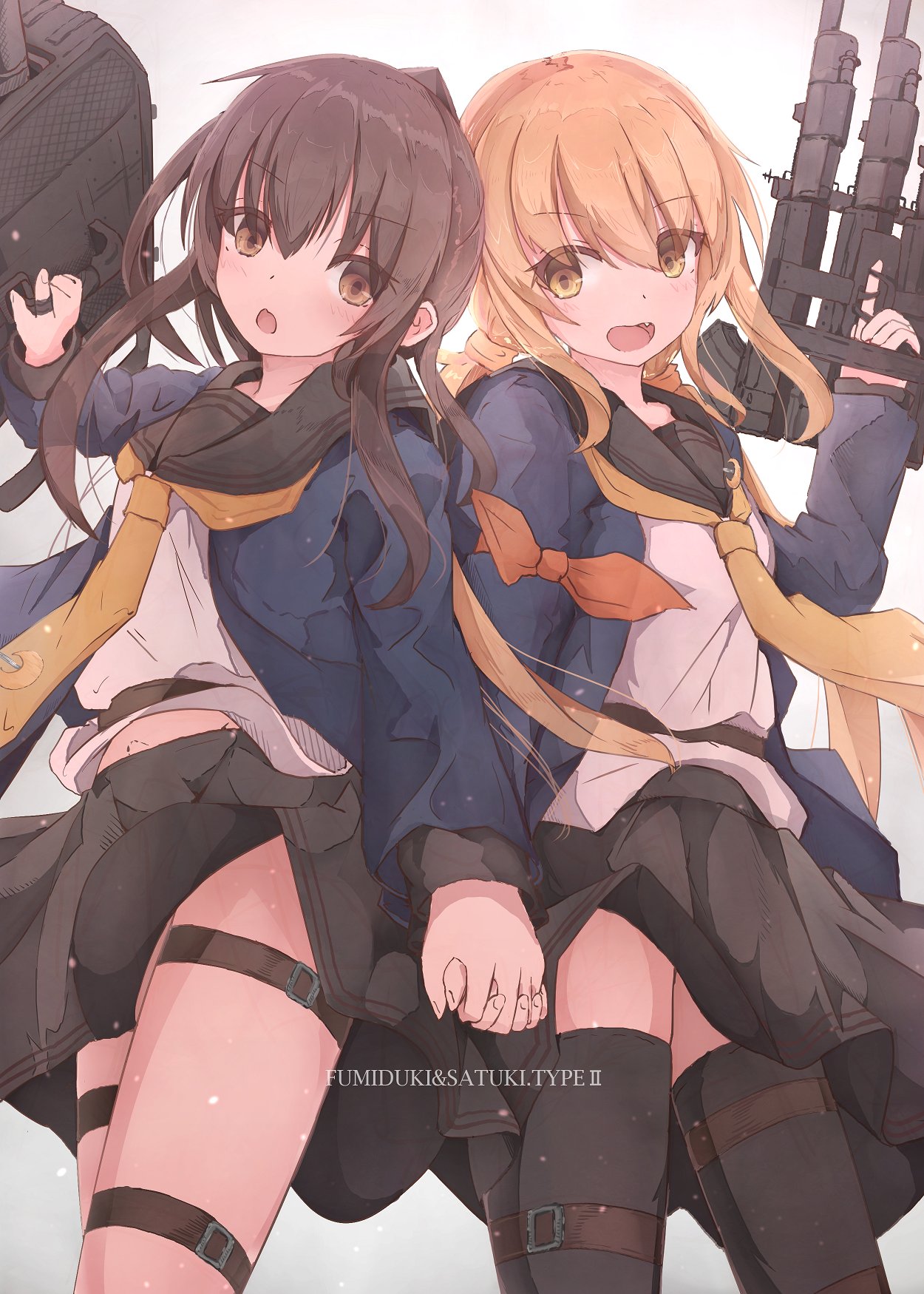 2girls adapted_turret armband back-to-back black_legwear black_serafuku blonde_hair blue_jacket brown_eyes brown_hair cannon character_name commentary_request cowboy_shot crescent crescent_moon_pin fumizuki_(kantai_collection) highres holding_hands jacket kantai_collection long_hair low_twintails machinery multiple_girls munehiro_(21plus) neckerchief ponytail remodel_(kantai_collection) satsuki_(kantai_collection) school_uniform serafuku simple_background thigh-highs turret twintails white_background yellow_eyes yellow_neckwear