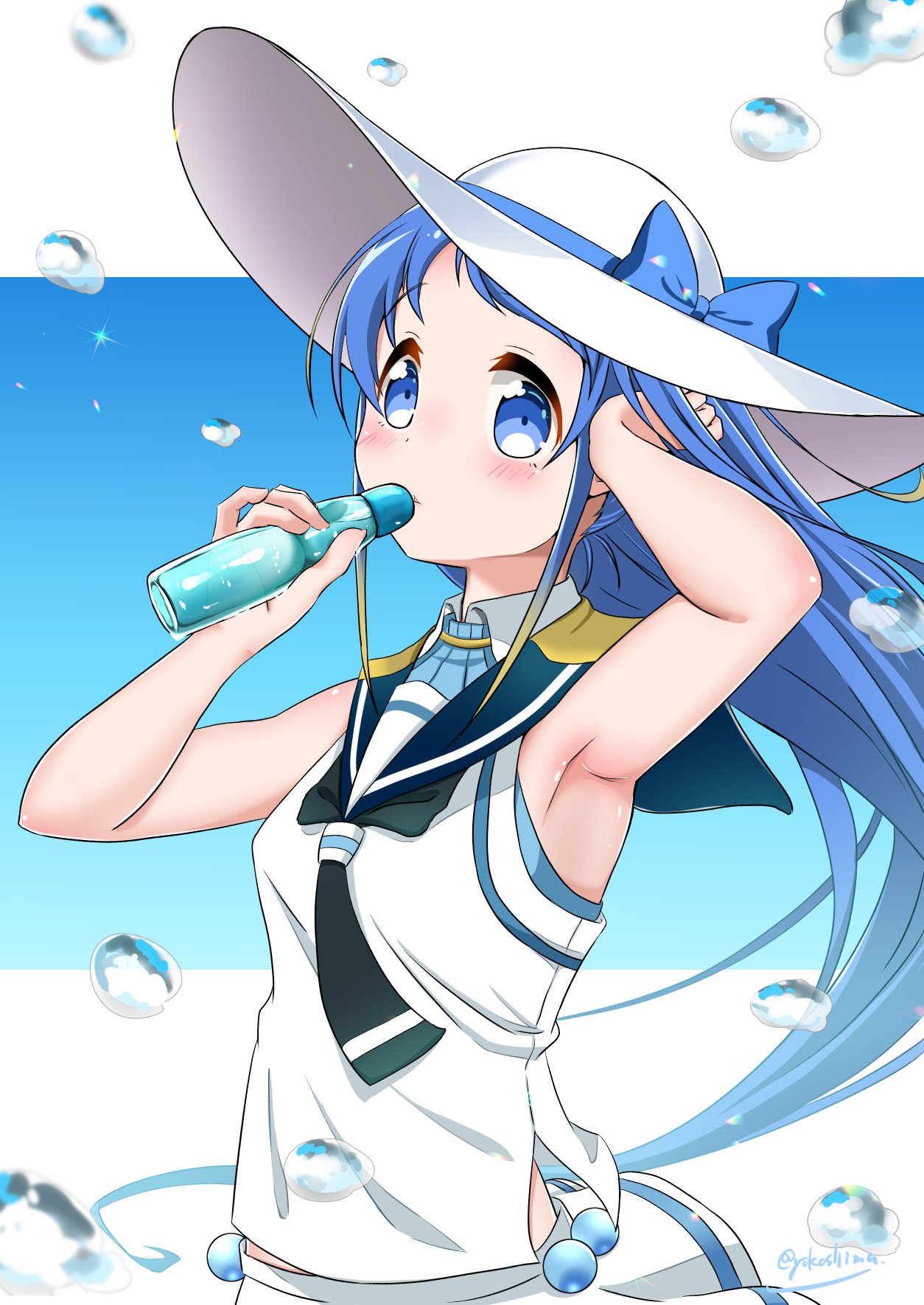 1girl armpits black_neckwear black_sailor_collar blue_eyes blue_hair blush bottle eyebrows_visible_through_hair hat highres holding holding_bottle kantai_collection long_hair neckerchief sailor_collar samidare_(kantai_collection) school_uniform serafuku sleeveless solo twitter_username upper_body very_long_hair water_drop white_headwear yokoshima_(euphoria)