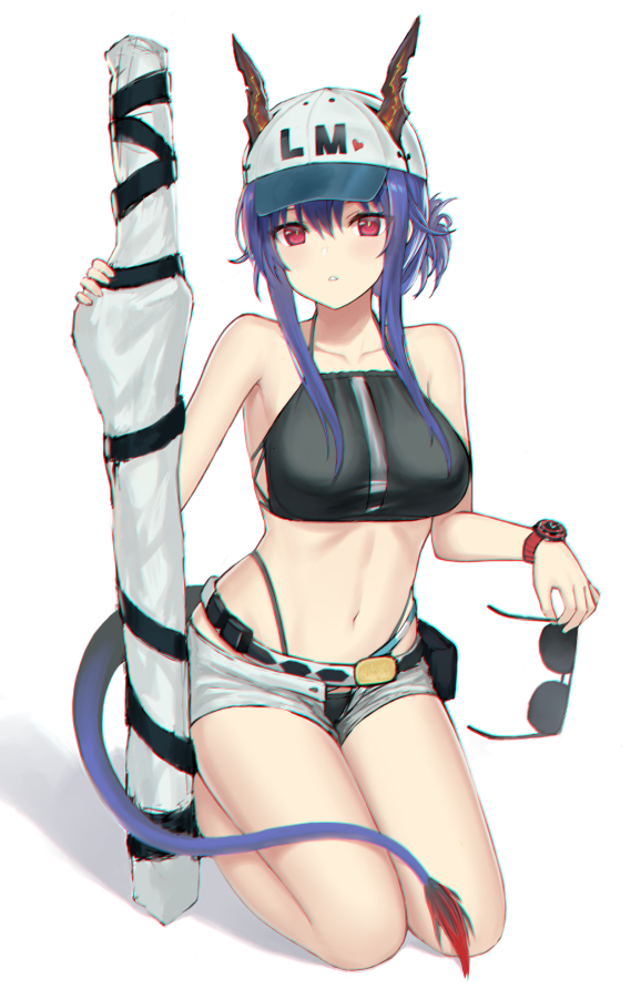 1girl arknights bangs bare_arms bare_shoulders baseball_cap belt bikini black_bikini blue_hair blush breasts ch'en_(arknights) collarbone commentary_request cundang dragon_horns dragon_tail grey_shorts hair_between_eyes hat highleg highleg_bikini holding holding_eyewear horns horns_through_headwear long_hair looking_at_viewer medium_breasts navel open_fly parted_lips red_eyes seiza shadow short_shorts shorts sidelocks simple_background sitting solo stomach sunglasses swimsuit tail thighs watch watch white_background white_headwear