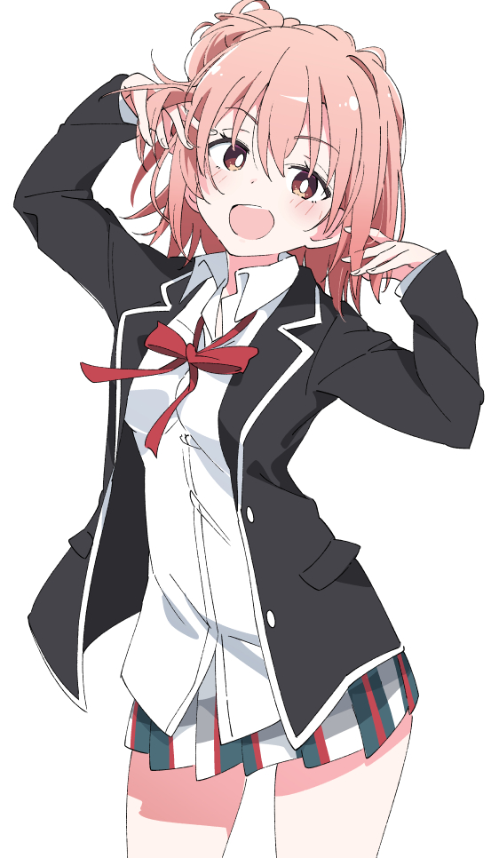 1girl :d black_jacket brown_eyes hair_bun hands_up ixy jacket long_sleeves looking_at_viewer open_mouth pink_hair plaid plaid_skirt red_neckwear red_ribbon ribbon shirt short_hair simple_background skirt smile solo white_background white_shirt yahari_ore_no_seishun_lovecome_wa_machigatteiru. yuigahama_yui