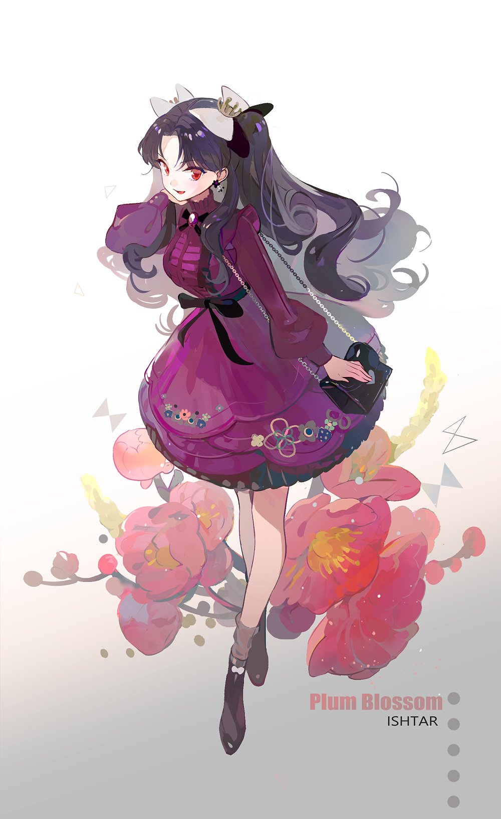 1girl a2ki alternate_costume bag bangs black_bow black_footwear black_hair bow brooch center_frills chain character_name commentary_request dress earrings english_text fate/grand_order fate_(series) floral_print flower flower_earrings frills full_body hair_bow hair_ornament hand_on_own_cheek hand_up handbag highres ishtar_(fate)_(all) ishtar_(fate/grand_order) jewelry juliet_sleeves leaning_forward long_hair long_sleeves looking_at_viewer open_mouth parted_bangs puffy_sleeves purple_dress red_eyes simple_background skirt smile socks solo standing white_background