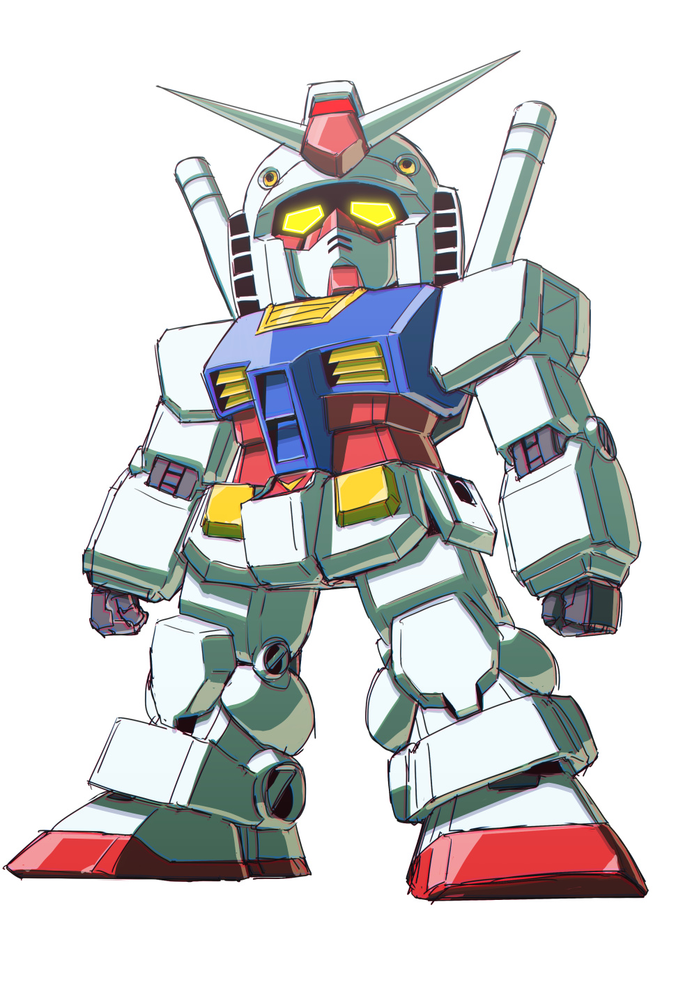 chibi clenched_hands gundam highres looking_up mecha mobile_suit_gundam no_humans rx-78-2 solo standing sukekiyo56 v-fin white_background yellow_eyes
