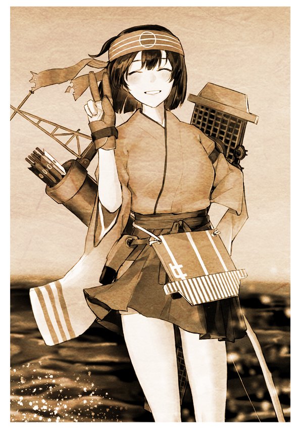 1girl apron blurry breasts closed_eyes cowboy_shot depth_of_field facing_viewer flight_deck gloves gradient_sky hakama hakama_skirt headband hiryuu_(kantai_collection) japanese_clothes kantai_collection kimono large_breasts monochrome ocean one_side_up partly_fingerless_gloves poco_(backboa) quiver remodel_(kantai_collection) sepia short_hair side_ponytail single_glove sky solo sunset v water yugake
