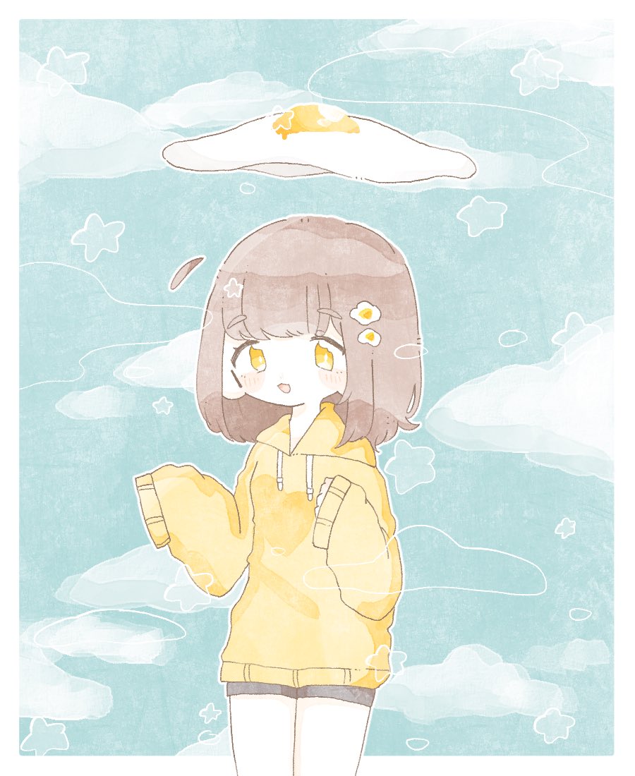 1girl bangs blush border brown_hair clouds cowboy_shot drawstring hood hoodie long_sleeves medium_hair open_mouth original po_ya_00 sleeves_past_wrists smile solo star_(symbol) symbol_commentary white_border yellow_eyes