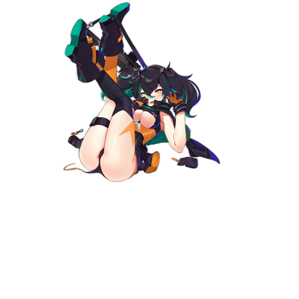 1girl ass bangs black_footwear black_hair black_legwear boots breasts damaged famae_saf full_body girls_frontline gloves green_hair gun hair_between_eyes headgear kneehighs legs long_hair looking_at_viewer multicolored_hair official_art open_mouth orange_legwear ranyu saf_(girls_frontline) scope sitting sleeveless solo streaked_hair submachine_gun thigh-highs thigh_strap torn_clothes transparent_background twintails two-tone two-tone_hair weapon yellow_eyes