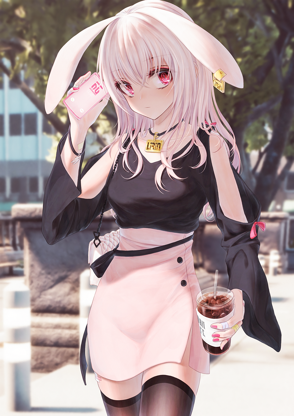 1girl animal_ears bae.c bag bare_shoulders black_shirt blurry breasts brown_legwear choker cowboy_shot cup depth_of_field disposable_cup drinking_straw earrings floppy_ears hand_up handbag high-waist_skirt highres holding jewelry lirin_(bae.c) long_hair long_sleeves looking_at_viewer medium_breasts name_tag original outdoors phone pink_skirt rabbit_ears red_eyes shirt shirt_tucked_in shoulder_cutout side_slit skirt solo standing thigh-highs tree white_hair zettai_ryouiki