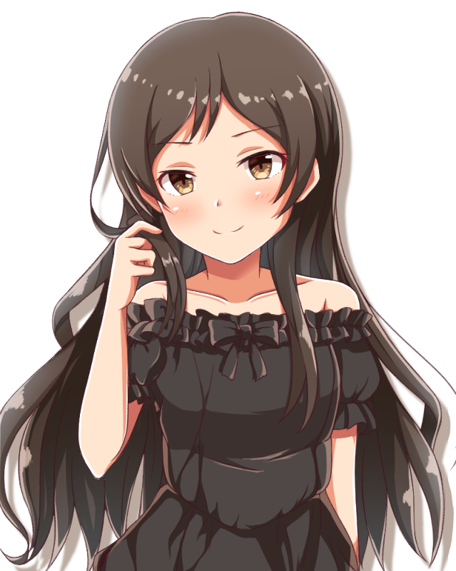 1girl bare_shoulders black_dress blush brown_eyes brown_hair dress facing_viewer idolmaster idolmaster_million_live! kitazawa_shiho long_hair looking_at_viewer narunaru1320 off-shoulder_dress off_shoulder smile solo