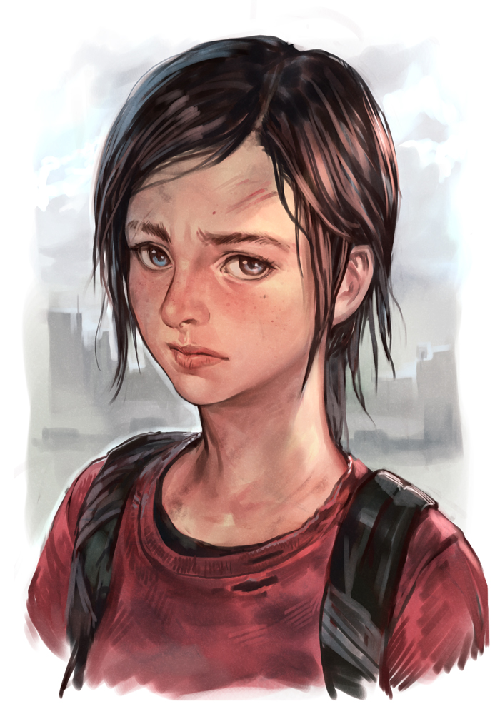 1girl backpack bag black_shirt blue_eyes brown_hair closed_mouth cropped_torso ellie_(the_last_of_us) face freckles hankuri long_hair long_sleeves looking_at_viewer red_sweater scar shirt solo sweater the_last_of_us upper_body