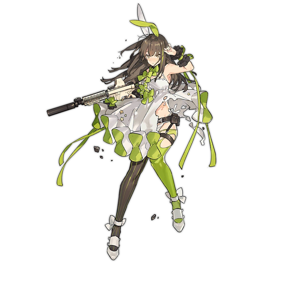 1girl alternate_costume animal_ears assault_rifle brown_hair damaged dress girls_frontline green_hair gun holding holding_gun holding_weapon m4_carbine m4a1_(girls_frontline) mismatched_legwear multicolored_hair official_art rabbit_ears rifle solo starshadowmagician transparent_background weapon