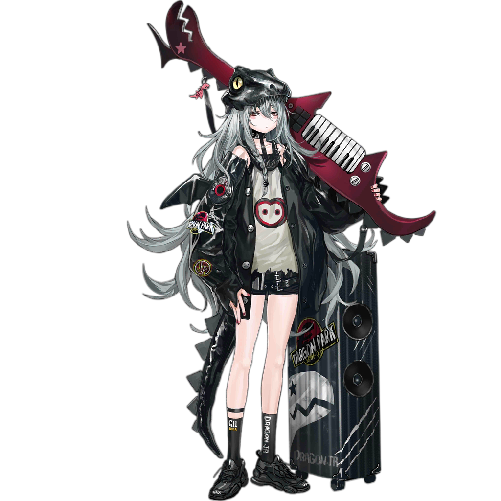 1girl alternate_costume amplifier baggy_clothes bangs belt black_footwear black_jacket black_shorts blush blush_stickers braid brown_eyes buckle clothes_writing dinosaur dinosaur_tail eyebrows_visible_through_hair fake_tail fake_wings full_body g11_(girls_frontline) girls_frontline grey_shirt hair_between_eyes hair_over_shoulder half-closed_eyes hat holding holding_instrument infukun instrument jacket jurassic_park keychain keytar leather_choker long_hair looking_at_viewer messy_hair multiple_belts nail_polish off_shoulder official_art open_clothes open_mouth parody red_nails rocker-chic shirt shoes short_shorts shorts side_braid sidelocks silver_hair sleeveless sleeveless_shirt sneakers socks solo tail torn_clothes torn_shirt transparent_background very_long_hair weapon weapon_case wings