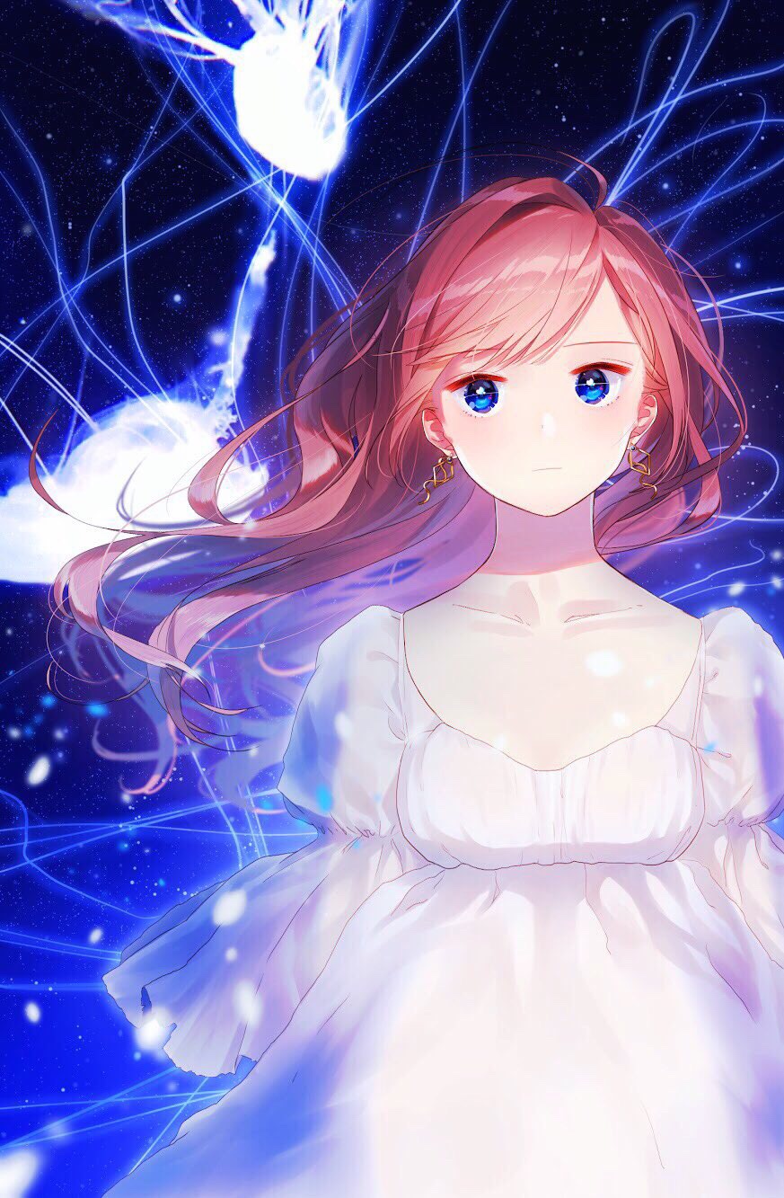 1girl abstract_background bangs blue_eyes brown_hair cowboy_shot dress earrings expressionless floating_hair hami_yura highres jellyfish jewelry long_hair looking_at_viewer original see-through_sleeves solo swept_bangs white_dress