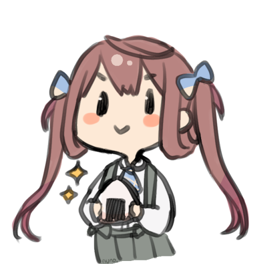 1girl :&gt; asagumo_(kantai_collection) ascot bangs blue_bow blue_neckwear blush_stickers bow brown_hair closed_mouth collared_shirt eyebrows_visible_through_hair food grey_skirt hair_bow holding holding_food kantai_collection long_hair long_sleeves nuno_(pppompon) onigiri pleated_skirt shirt simple_background skirt solo sparkle suspender_skirt suspenders twintails v-shaped_eyebrows very_long_hair white_background white_shirt