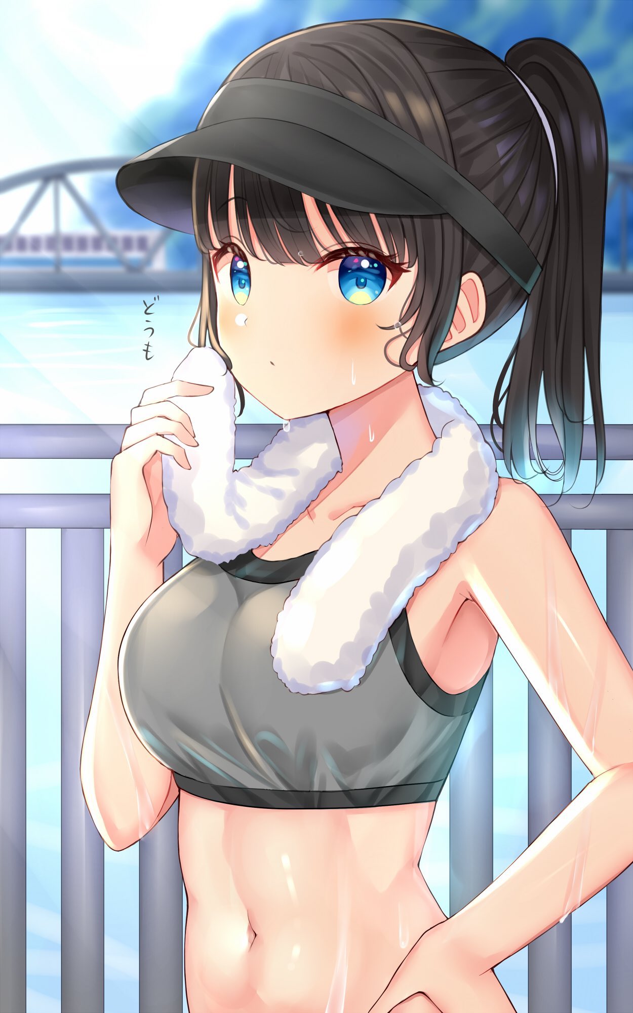 1girl armpits bare_arms bare_shoulders black_hair blue_eyes breasts collarbone crop_top day hand_on_hip hand_up highres long_hair looking_at_viewer medium_breasts midriff mizukoshi_(marumi) navel original outdoors ponytail ponytail_day railing sidelocks sleeveless solo sports_bra stomach sweat towel towel_around_neck upper_body visor_cap