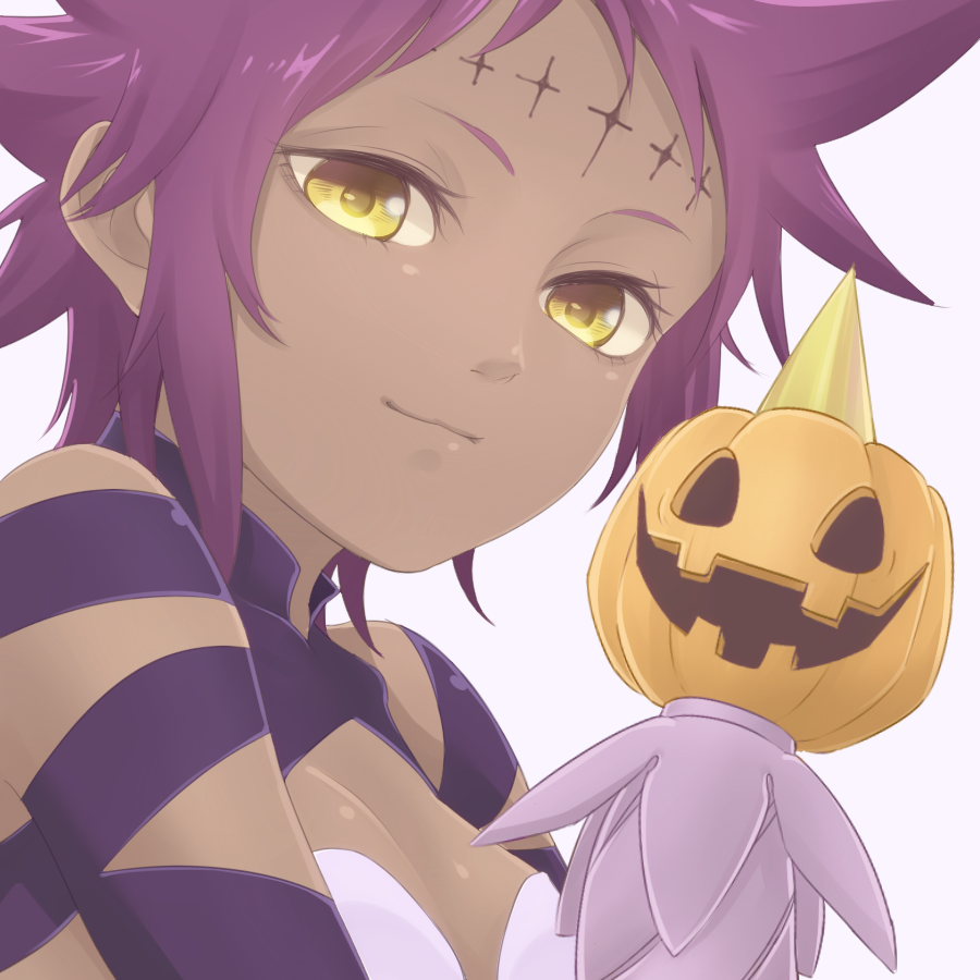 1girl arm_ribbon breasts closed_mouth d.gray-man dark_skin hatena_(harrrr07) looking_at_viewer portrait pumpkin purple_hair purple_ribbon ribbon road_kamelot shiny shiny_hair short_hair simple_background small_breasts smile solo white_background yellow_eyes