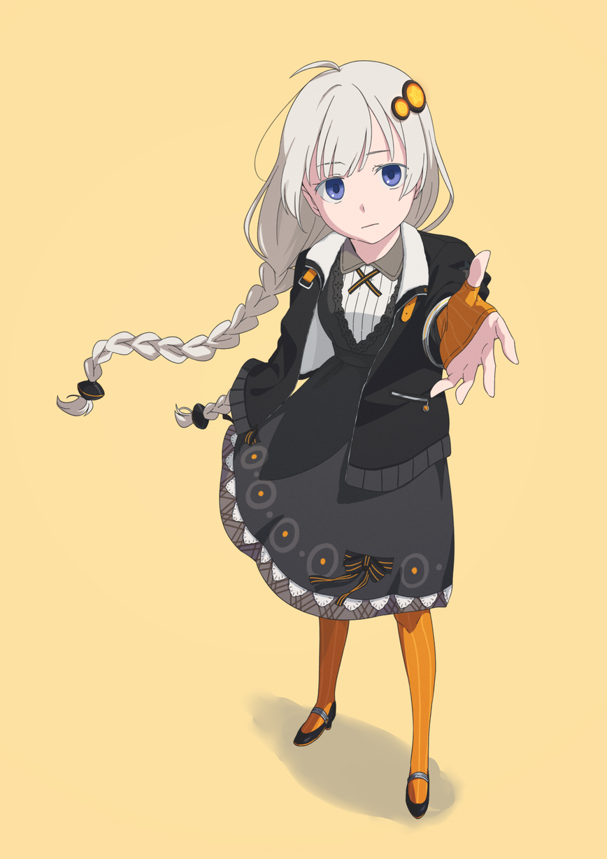 1girl black_dress black_jacket blue_eyes braid commentary dress elbow_gloves expressionless fingerless_gloves full_body gloves hair_ornament hair_tubes highres jacket kizuna_akari lace lace-trimmed_dress long_hair looking_at_viewer orange_gloves orange_legwear reaching_out shadow standing star_(symbol) torla16 twin_braids voiceroid white_hair yellow_background