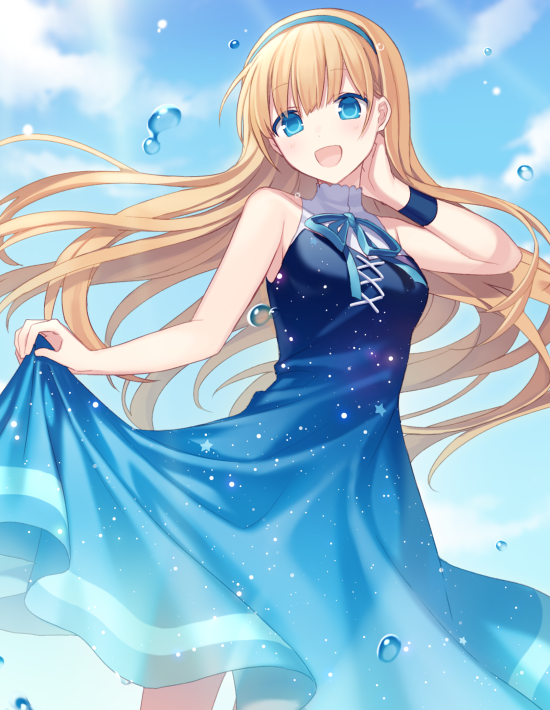 1girl :d bangs bare_arms bare_shoulders blonde_hair blue_dress blue_eyes blue_hairband blue_neckwear blue_ribbon blue_sky blush clouds colored_eyelashes cowboy_shot day dress eyebrows_visible_through_hair hairband hijiri_(resetter) long_hair looking_at_viewer neck_ribbon open_mouth original outdoors print_dress ribbon skirt_hold sky sleeveless sleeveless_dress smile solo star_(symbol) starry_sky_print very_long_hair water_drop