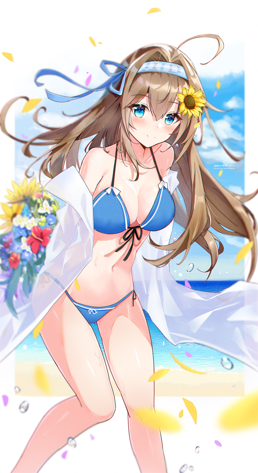 1girl ahoge arms_behind_back bangs bare_legs bare_shoulders bikini blue_bikini blue_eyes blue_flower blue_hairband blue_ribbon blue_sky blush breasts brown_hair day eyebrows_visible_through_hair feet_out_of_frame flower front-tie_bikini front-tie_top hair_between_eyes hair_flower hair_intakes hair_ornament hair_ribbon hairband highres long_hair long_sleeves looking_at_viewer medium_breasts navel off_shoulder open_clothes open_shirt original outdoors petals red_flower ribbon shirt sky smile solo standing stomach sunflower swimsuit thighs white_shirt yellow_flower yukizawa_xueze