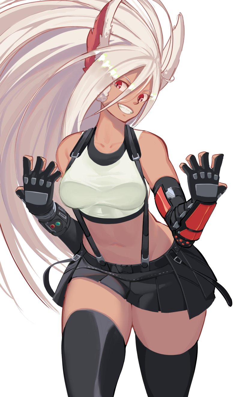 1girl animal_ears boku_no_hero_academia cosplay final_fantasy final_fantasy_vii fingerless_gloves gloves grin hair_between_eyes highres looking_at_viewer miniskirt mirko pleated_skirt rabbit_ears red_eyes simple_background skirt smile solo suspender_skirt suspenders suwaiya tank_top thigh-highs tifa_lockhart tifa_lockhart_(cosplay) white_background white_hair white_tank_top