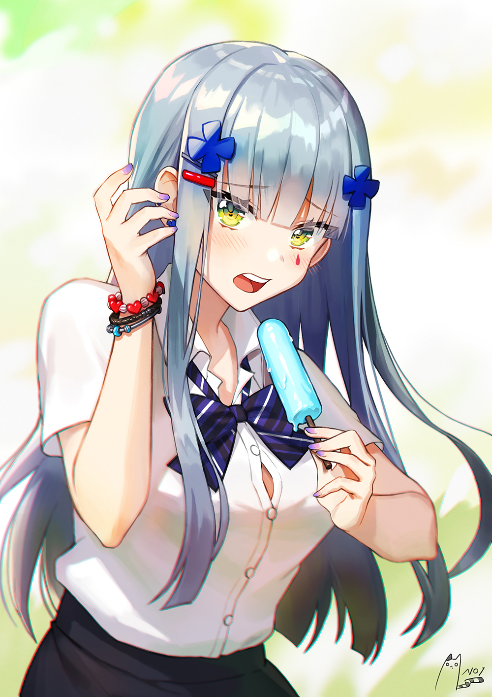 1girl alternate_costume bangs blue_bow blue_neckwear blunt_bangs blurry blurry_background blush bow bowtie bracelet breasts button_gap collared_shirt commentary_request depth_of_field dress_shirt earrings eyebrows_visible_through_hair eyelashes facial_mark food girls_frontline green_eyes hair_ornament hairclip hand_up heart highres hk416_(girls_frontline) holding holding_food jewelry long_hair looking_at_viewer medium_breasts melting nail_polish noixen open_mouth popsicle purple_nails shirt short_sleeves signature silver_hair straight_hair striped striped_bow striped_neckwear upper_body upper_teeth very_long_hair white_shirt