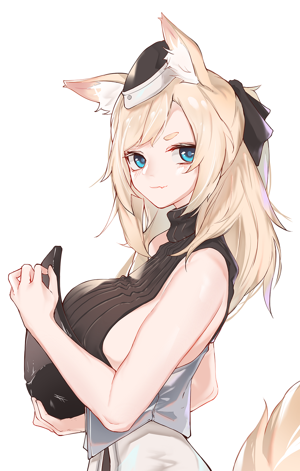 1girl animal_ear_fluff animal_ears arknights armor bangs black_headwear black_sweater blonde_hair blue_eyes breastplate chinese_commentary closed_mouth commentary fang from_side garrison_cap hat highres horse_ears horse_tail inniyik long_hair long_sleeves looking_at_viewer looking_to_the_side removing ribbed_sweater simple_background skin_fang sleeveless sleeveless_sweater smile solo sweater swept_bangs tail thick_eyebrows upper_body whislash_(arknights) white_background