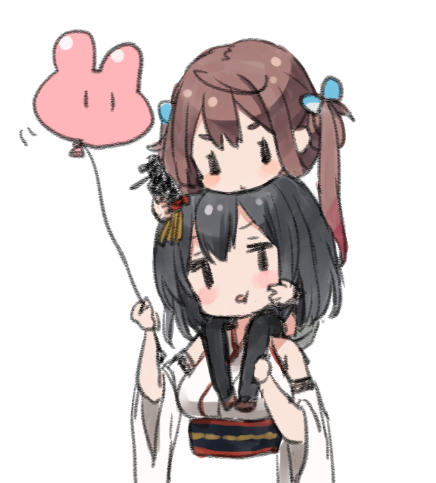 2girls asagumo_(kantai_collection) balloon bangs bare_shoulders black_hair black_legwear breasts brown_footwear brown_hair carrying chibi detached_sleeves eyebrows_behind_hair hair_ornament holding holding_balloon japanese_clothes kantai_collection kimono long_hair medium_breasts multiple_girls nuno_(pppompon) obi sash shoes short_sleeves shoulder_carry simple_background sleeveless sleeveless_kimono thigh-highs twintails very_long_hair white_background white_kimono white_sleeves wide_sleeves yamashiro_(kantai_collection)