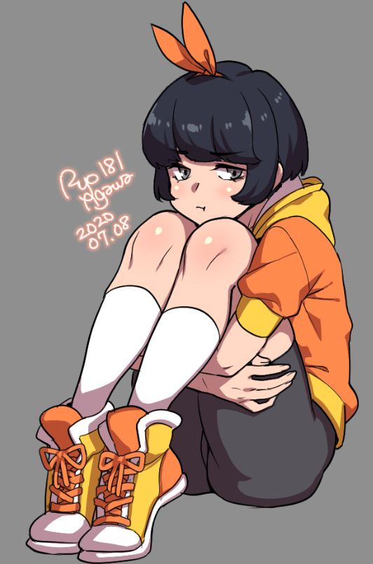 1girl 2020 :t agawa_ryou annoyed artist_name bike_shorts black_hair bow commentary dated grey_background grey_eyes hair_bow hood hoodie leg_hug looking_at_viewer orange_bow orange_footwear orange_hoodie original shoes short_hair signature simple_background sneakers socks solo white_legwear